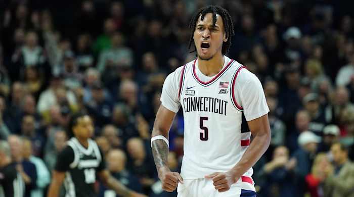 Stephon Castle reacts after his three-point basket against Providence.